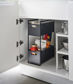 Panier de rangement double niveau Tower, coloris noir, mise en situation ; objets non inclus.