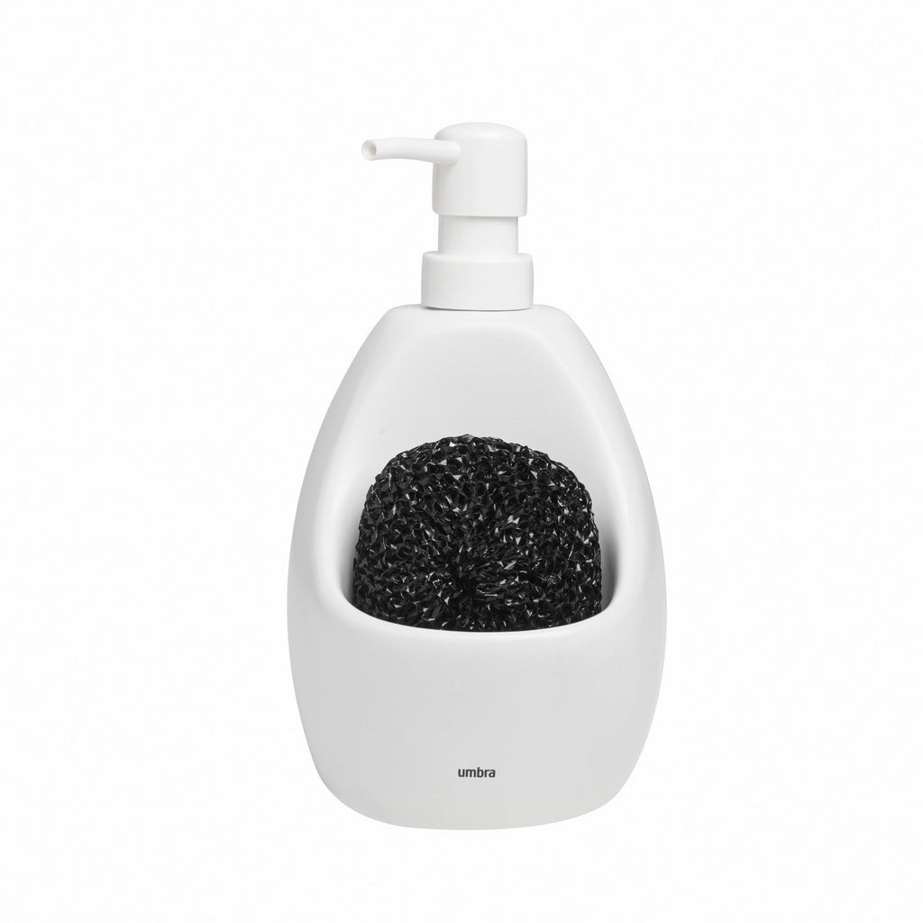 Distributeur de savon Joey avec éponge grattoir, option Blanc ; vue principale.