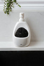 Distributeur de savon Joey avec éponge grattoir, option Blanc ; détail du produit.