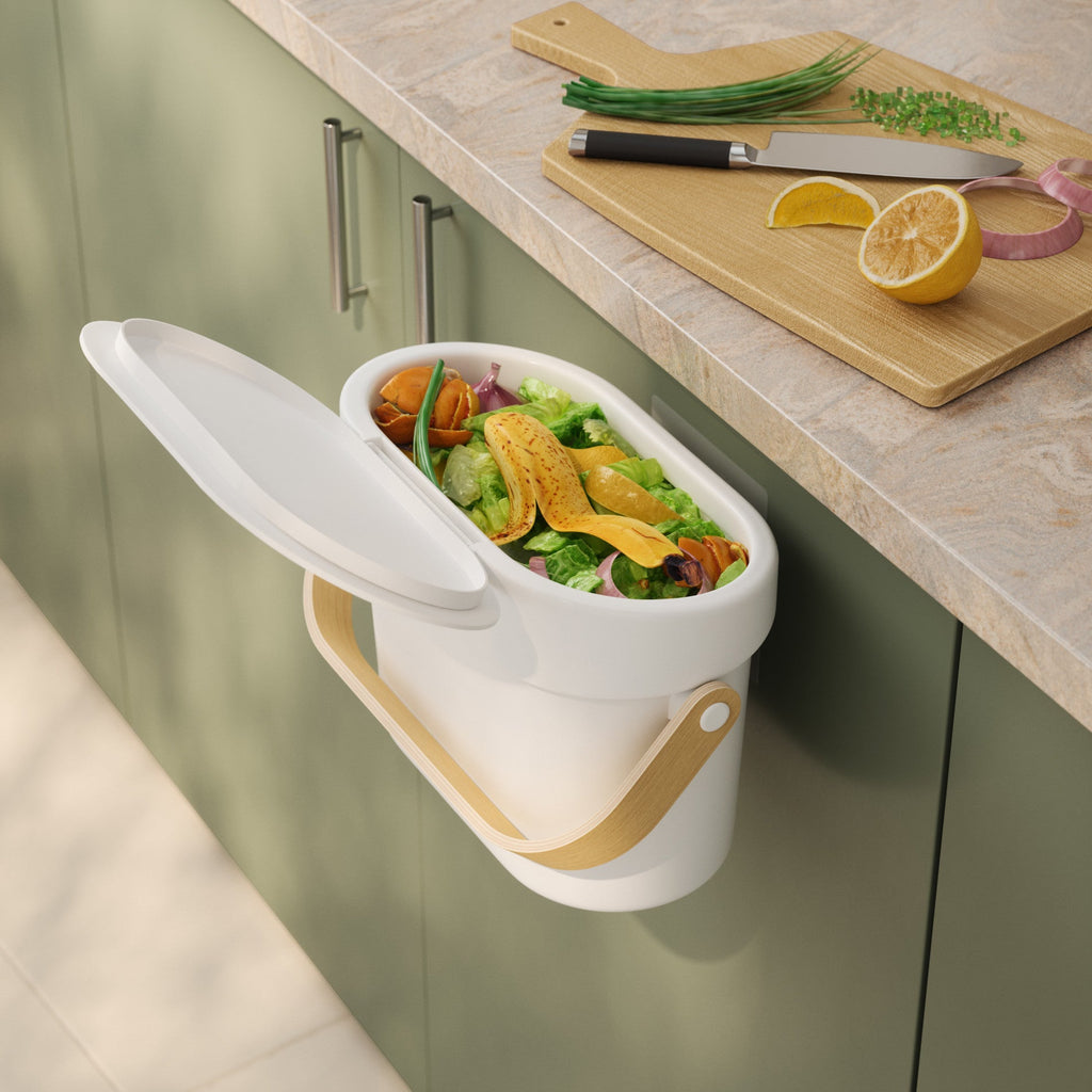 Bac à compost de comptoir Bellwood – 4 L, option Blanc-naturel ; détail du produit.