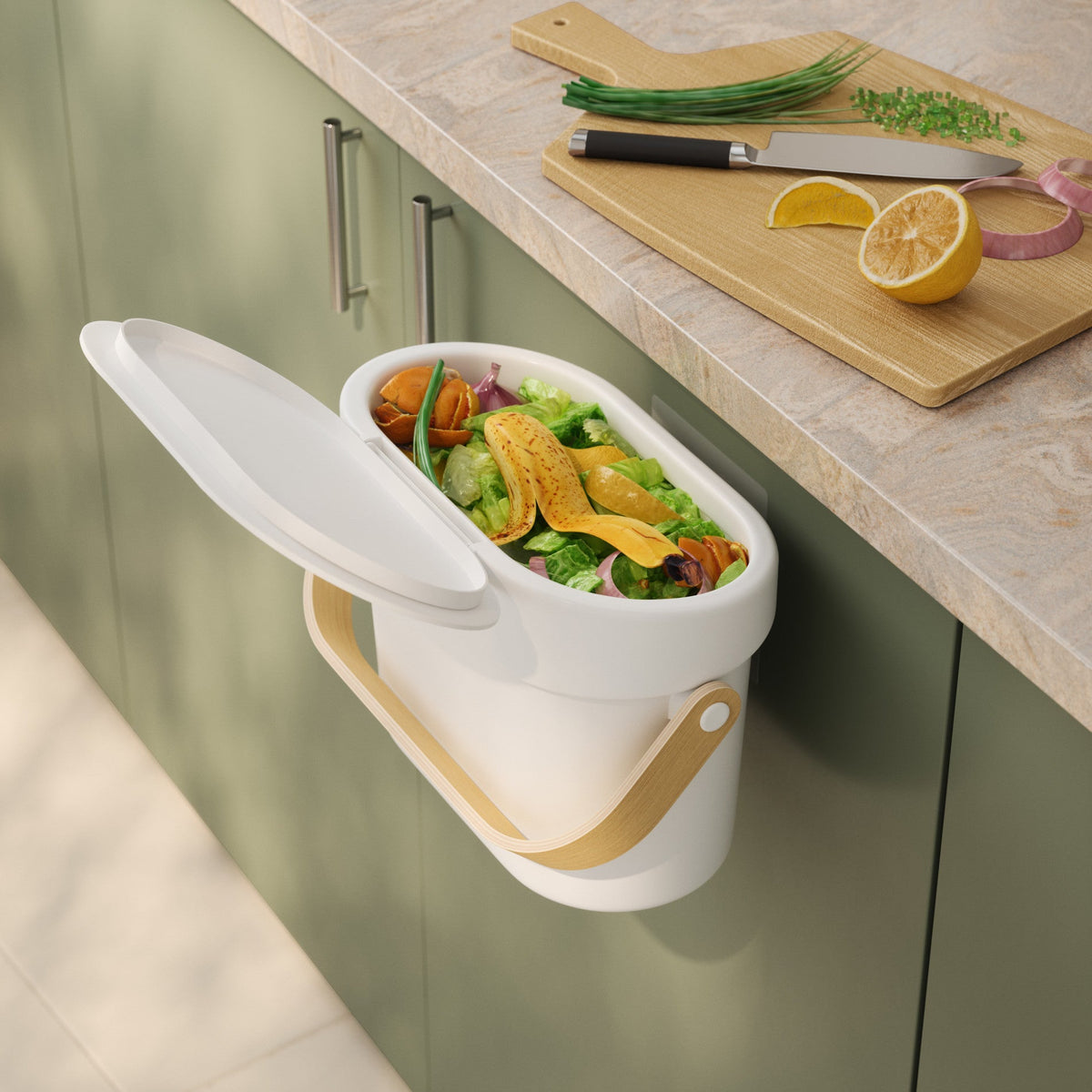 Bac à compost de comptoir Bellwood – 4 L, option Blanc-naturel ; détail du produit.