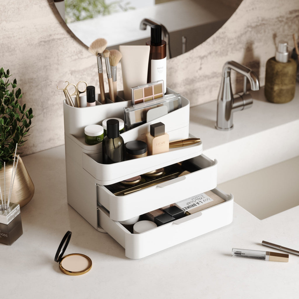 Organisateur à tiroirs Glam Large, option Blanc-gris ; détail du produit.